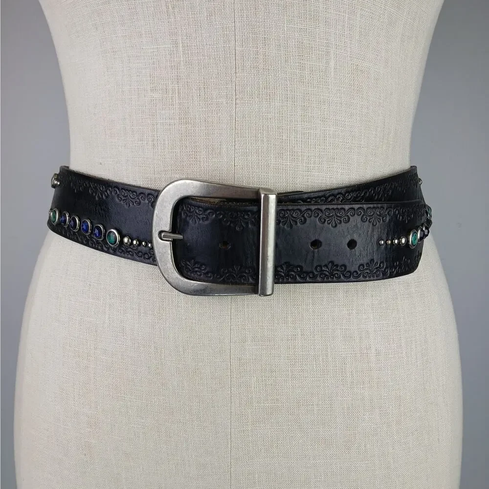VTG SZ L Black Leather Handcrafted Belt Turquoise Gems Silver Studs Made USA